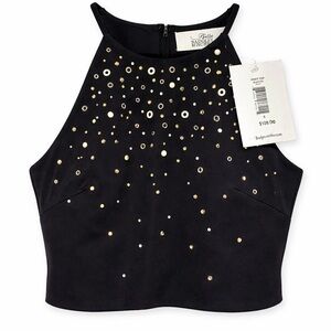 NWT Badgley Mischka Belle Black Embellished Halter Crop Top w/ Gold Stud Size 6